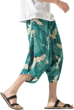 Men' Breathable Loose Beach Pants Seven-Point Wide-Leg Lantern Harem Korean Version of The Print Streetwear