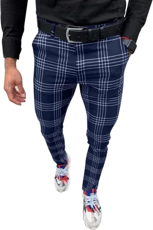 Men Checked Printed Dress Pants Plaid Casual Slim Fit Stretch Pant Stylish Flat Front Business Pencil Trousers