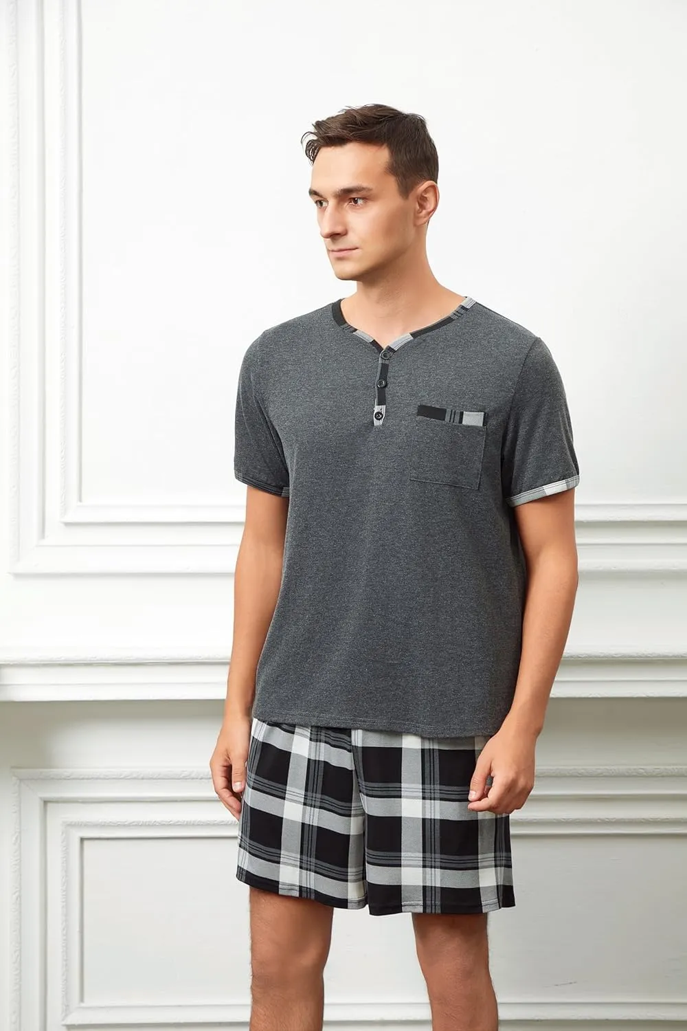 Mens Cotton Sleep Pajamas Set Soft Short Sleeve Henley Collar Black Solid Tops and Plaid Shorts Bottom