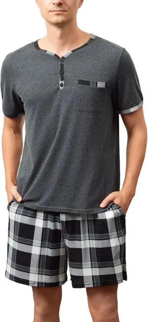 Mens Cotton Sleep Pajamas Set Soft Short Sleeve Henley Collar Black Solid Tops and Plaid Shorts Bottom