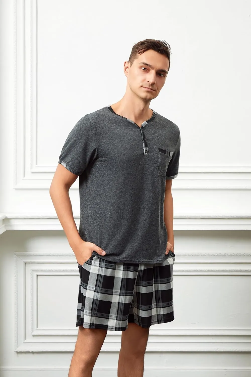 Mens Cotton Sleep Pajamas Set Soft Short Sleeve Henley Collar Black Solid Tops and Plaid Shorts Bottom