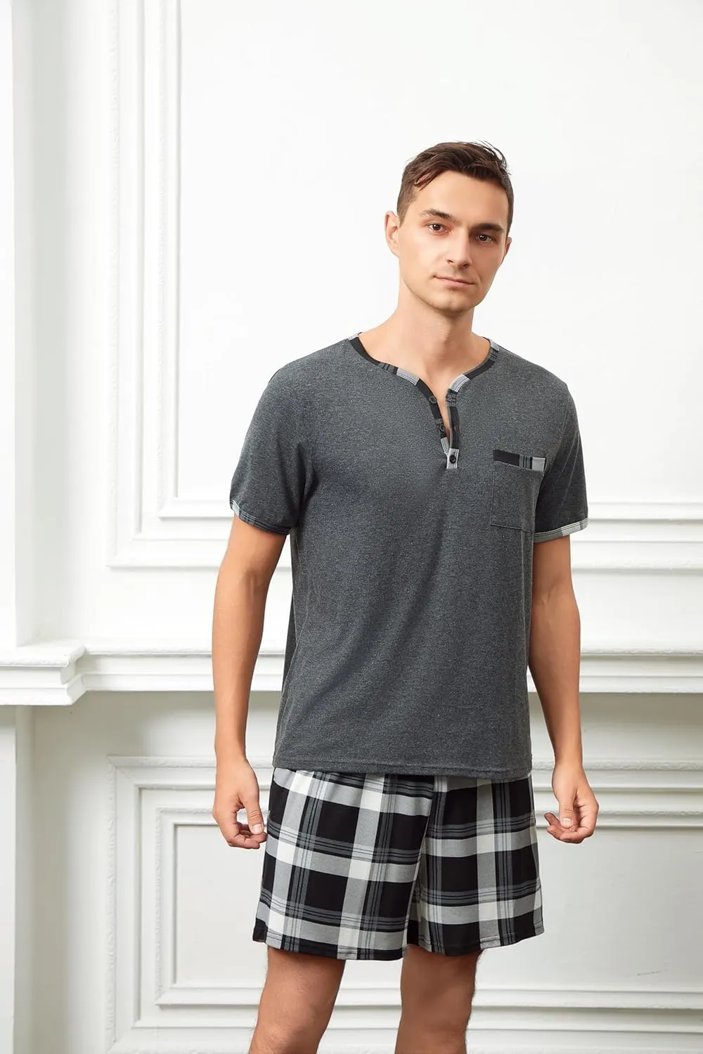 Mens Cotton Sleep Pajamas Set Soft Short Sleeve Henley Collar Black Solid Tops and Plaid Shorts Bottom