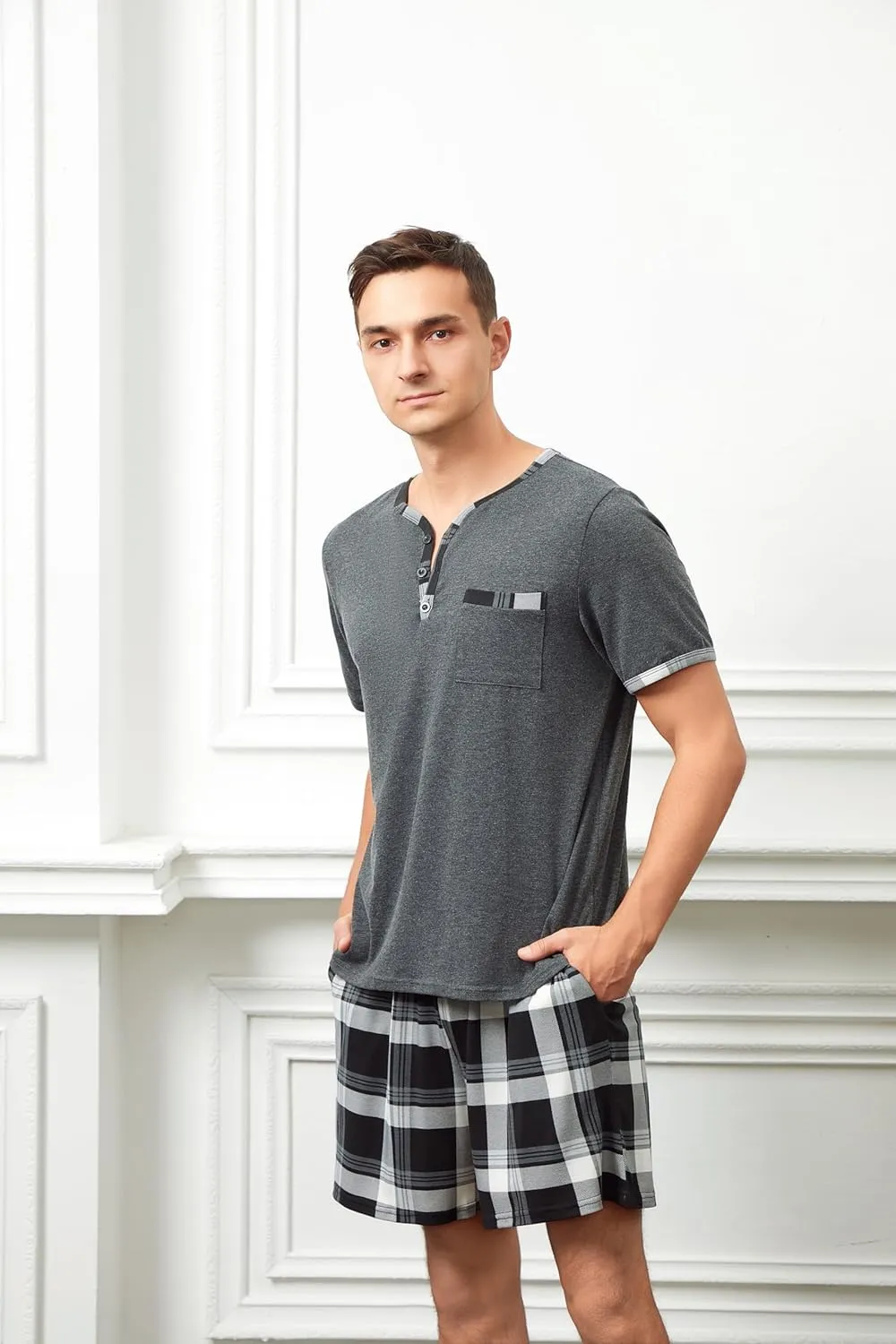 Mens Cotton Sleep Pajamas Set Soft Short Sleeve Henley Collar Black Solid Tops and Plaid Shorts Bottom