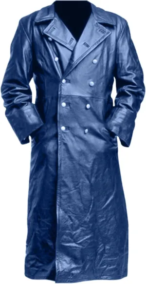 Mens Double Breasted Leather Trench Coat Military Uniform Full-Length Overcoat Vintage Motorcycle Long Jakcet