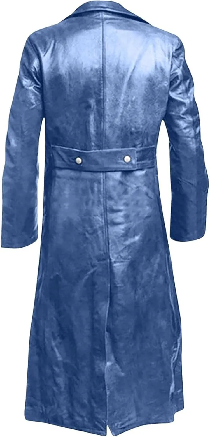 Mens Double Breasted Leather Trench Coat Military Uniform Full-Length Overcoat Vintage Motorcycle Long Jakcet