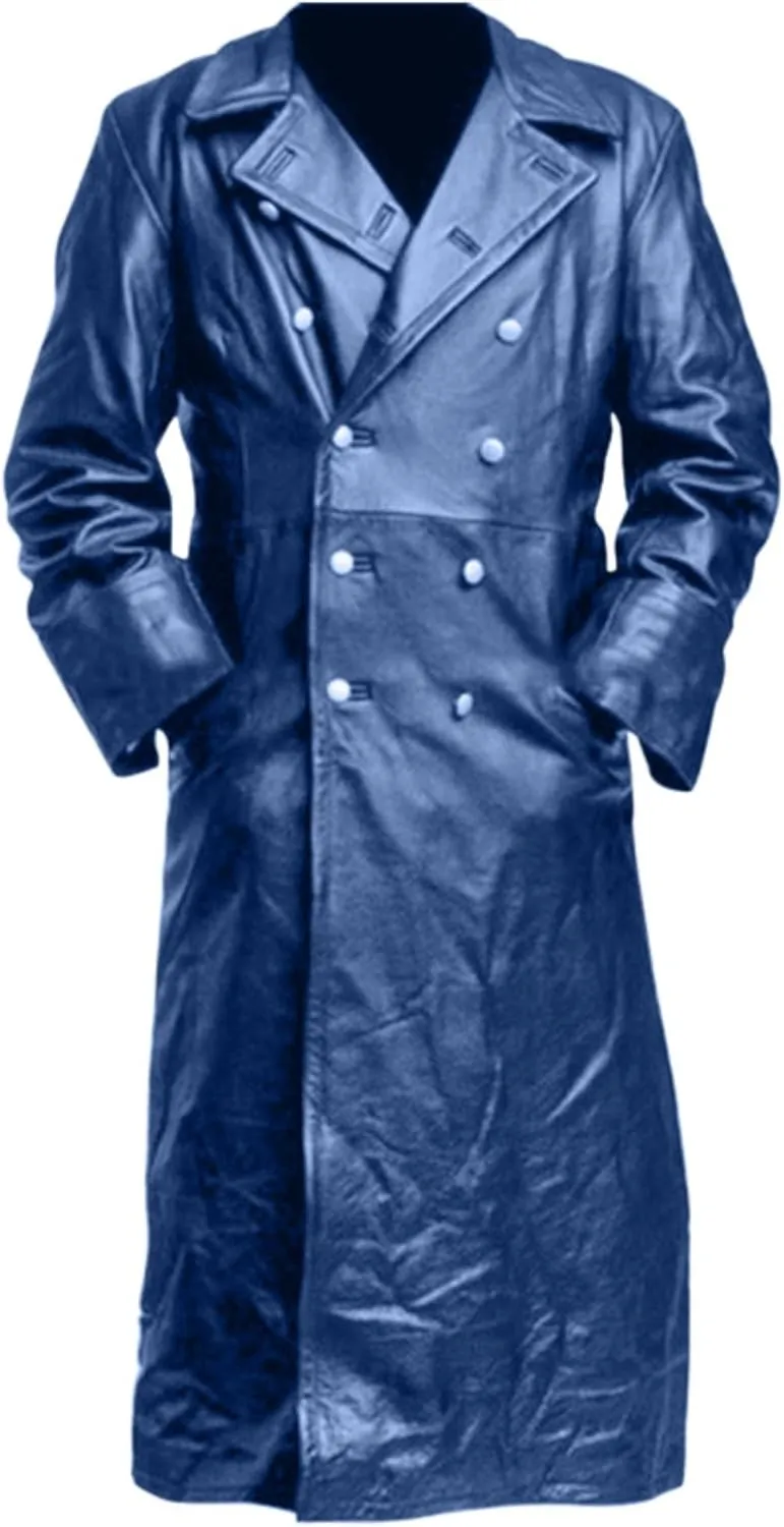 Mens Double Breasted Leather Trench Coat Military Uniform Full-Length Overcoat Vintage Motorcycle Long Jakcet