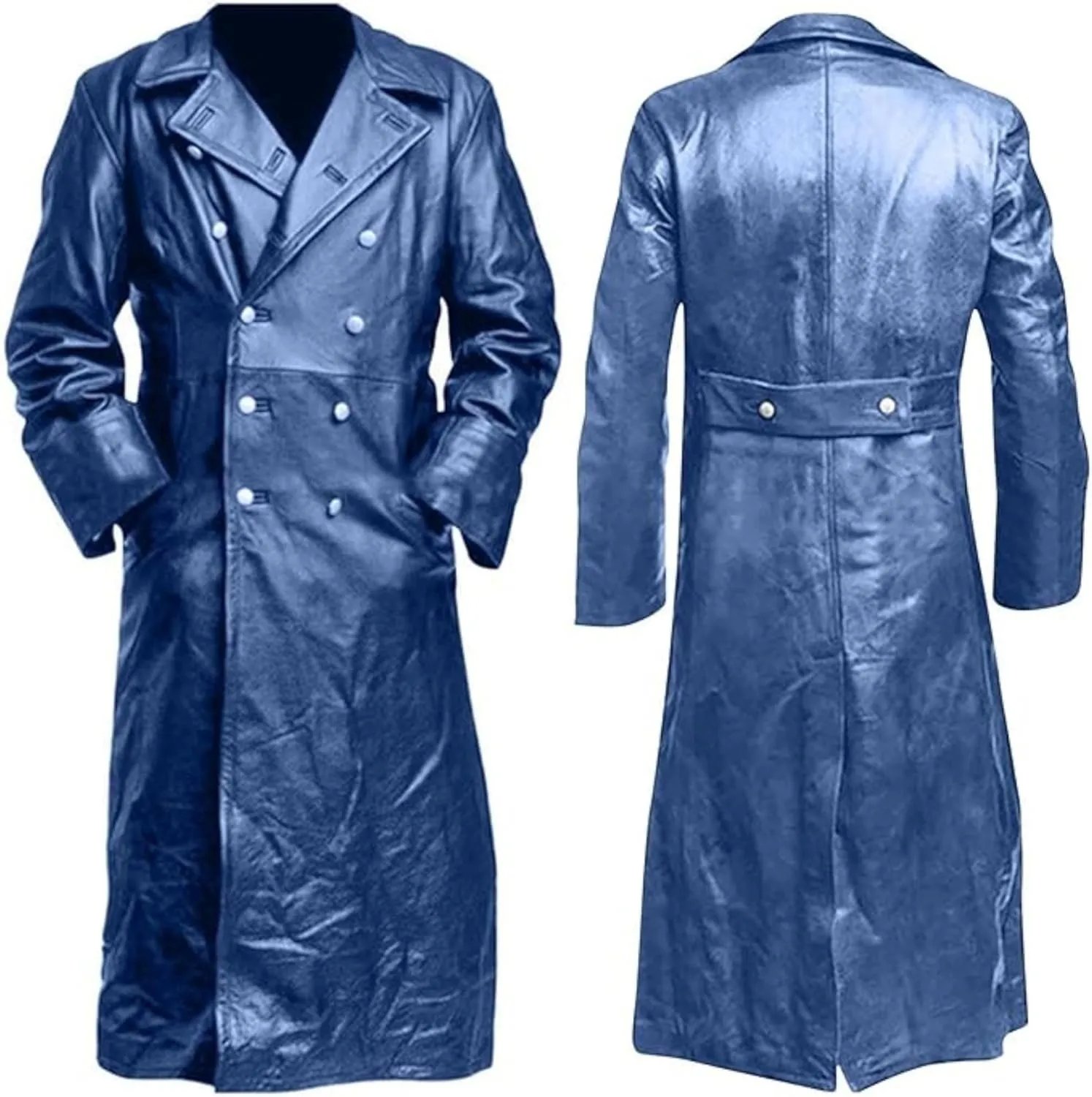 Mens Double Breasted Leather Trench Coat Military Uniform Full-Length Overcoat Vintage Motorcycle Long Jakcet