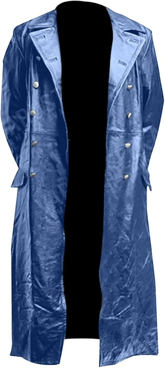 Mens Double Breasted Leather Trench Coat Military Uniform Full-Length Overcoat Vintage Motorcycle Long Jakcet