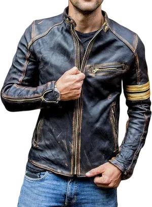 Men's Elite Real Lambskin Leather Cafe Racer Distressed Motorcycle Black Biker Fadded Vintage Leather Jacket