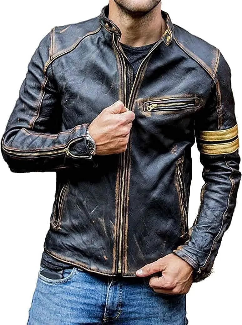 Men's Elite Real Lambskin Leather Cafe Racer Distressed Motorcycle Black Biker Fadded Vintage Leather Jacket