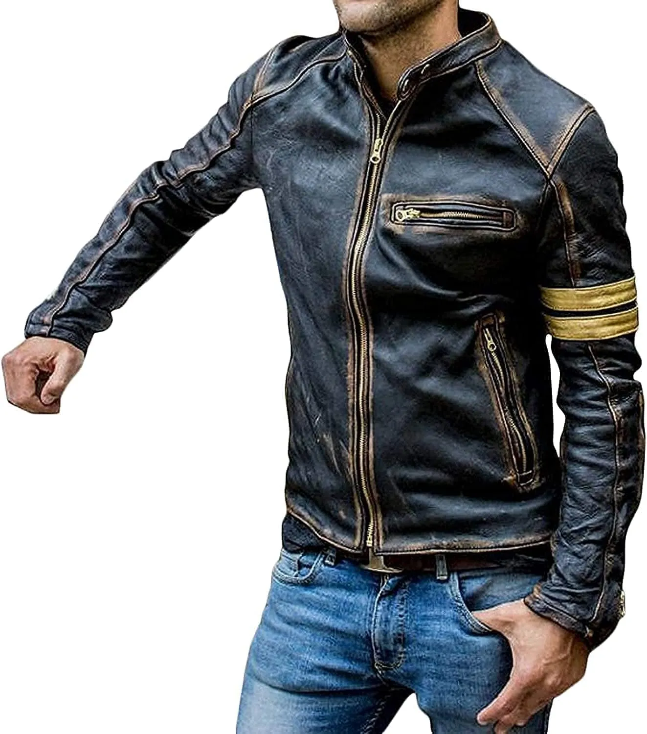 Men's Elite Real Lambskin Leather Cafe Racer Distressed Motorcycle Black Biker Fadded Vintage Leather Jacket