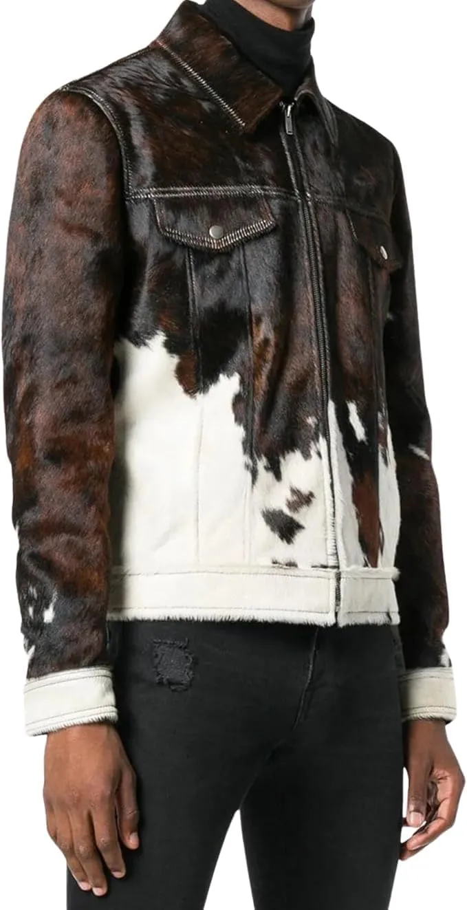 Men's Real Cow Hair on Leather Jacket | Cow skin Print Pony Skin Coat