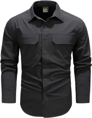 Men's Shirt Long Sleeve Thin Button Quick Dry with Pocket top Slim fit Solid Color Stretch Formal wear