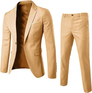 Mens Suits 2 Piece Tuxedo Suit Slim Fit Casual One Button Solid Color Business Wedding Party Jacket Blazer & Pants Set