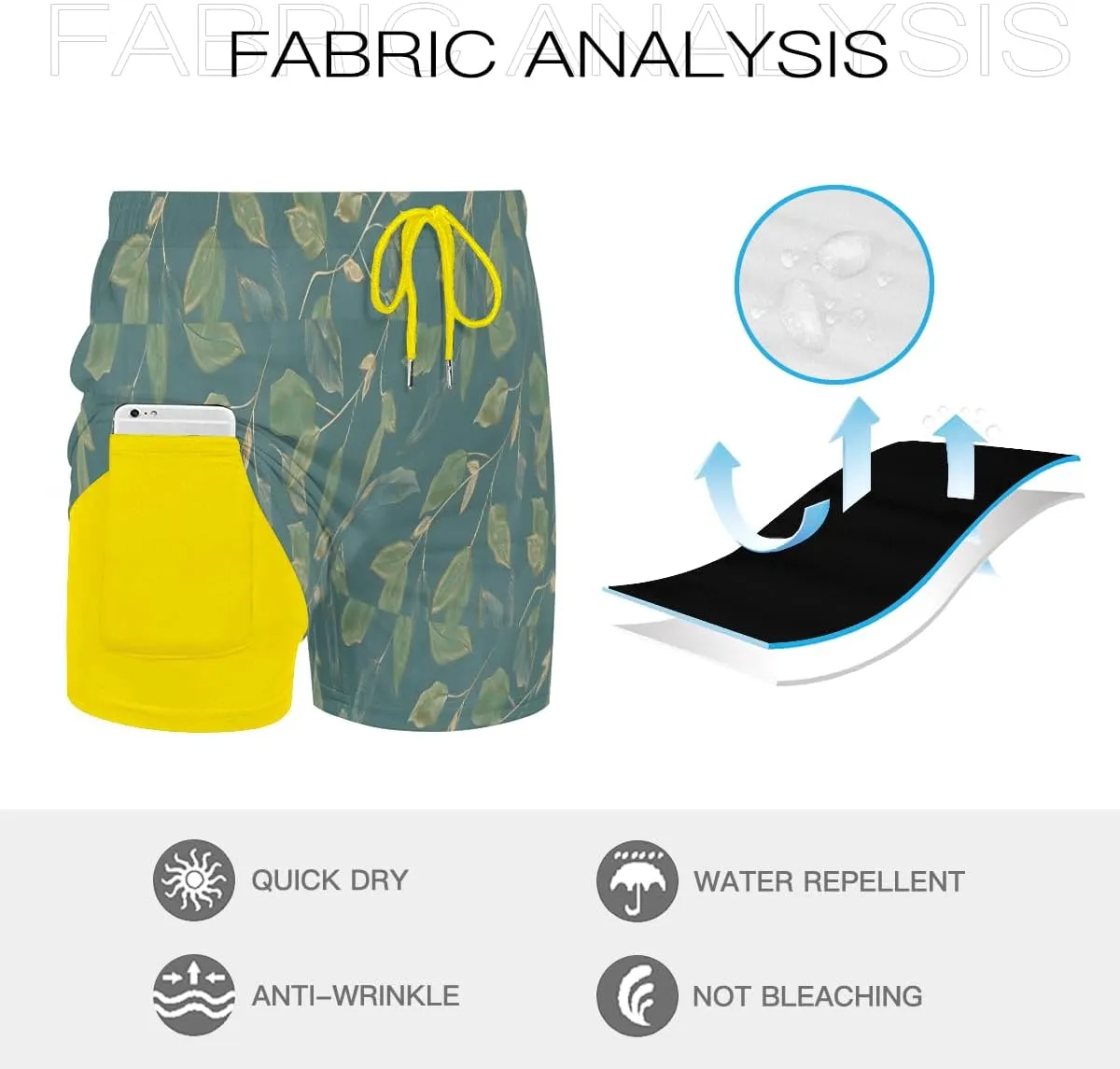 Men's Water Shorts Tropical Banana Leaf Print Swim Trunks Breathable Mesh Lining Cool Comfort