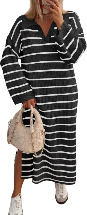 MEROKEETY Women's 2024 Long Sleeve Striped Sweater Dress V Neck Collared Slit Casual Knit Maxi Dresses