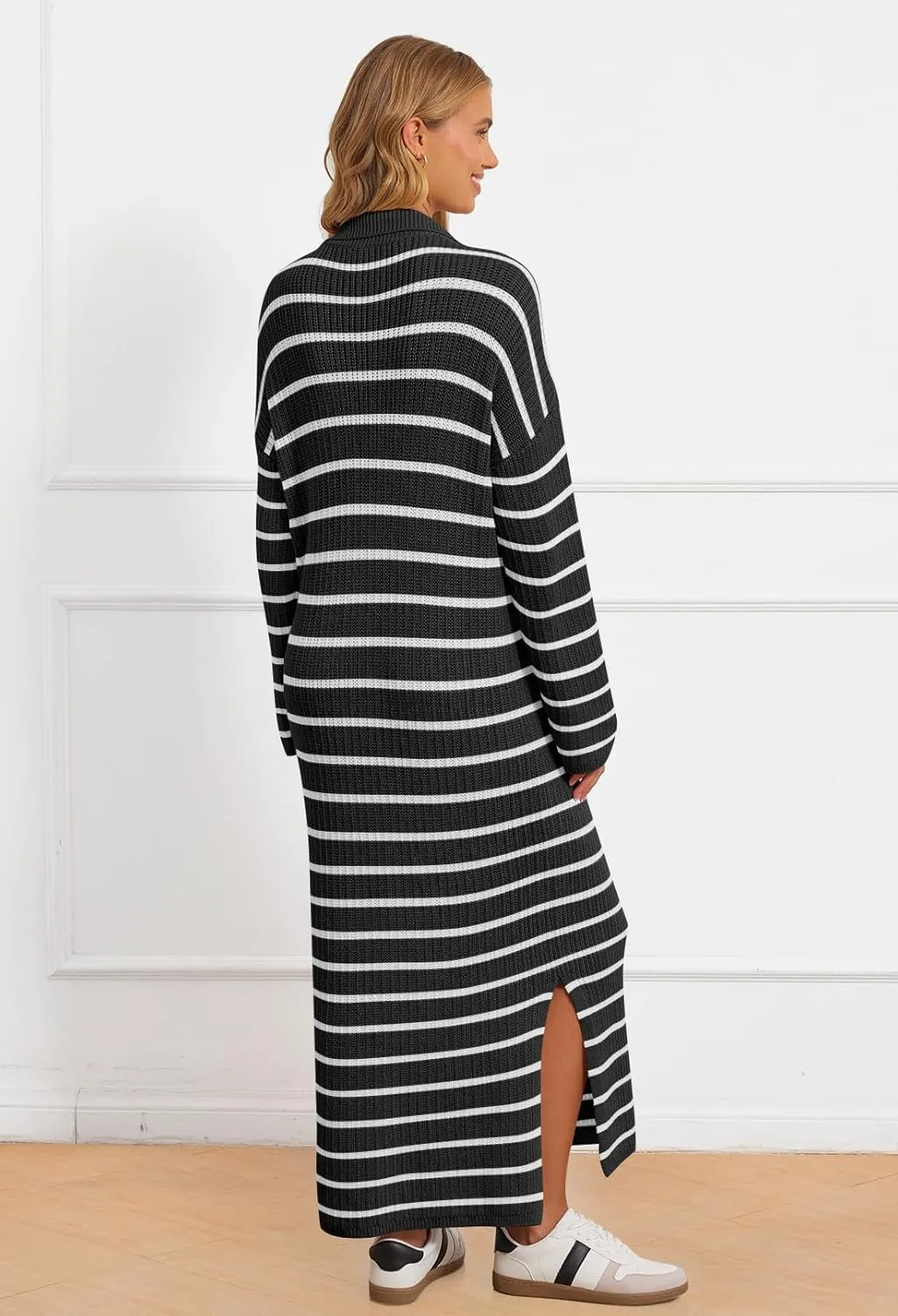 MEROKEETY Women's 2024 Long Sleeve Striped Sweater Dress V Neck Collared Slit Casual Knit Maxi Dresses