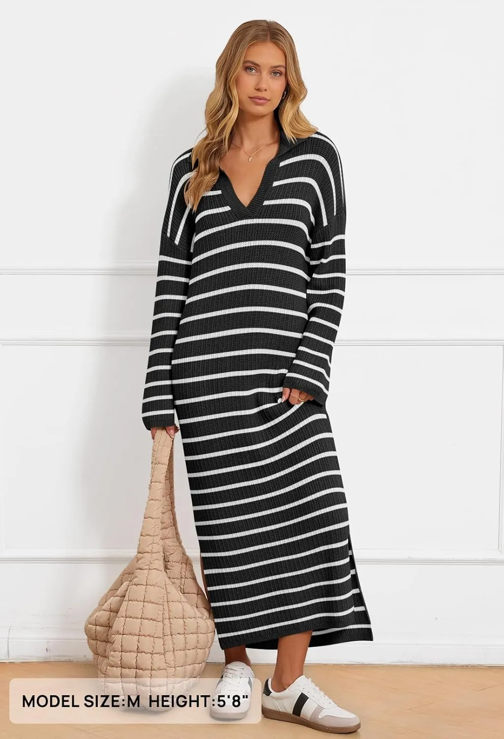 MEROKEETY Women's 2024 Long Sleeve Striped Sweater Dress V Neck Collared Slit Casual Knit Maxi Dresses