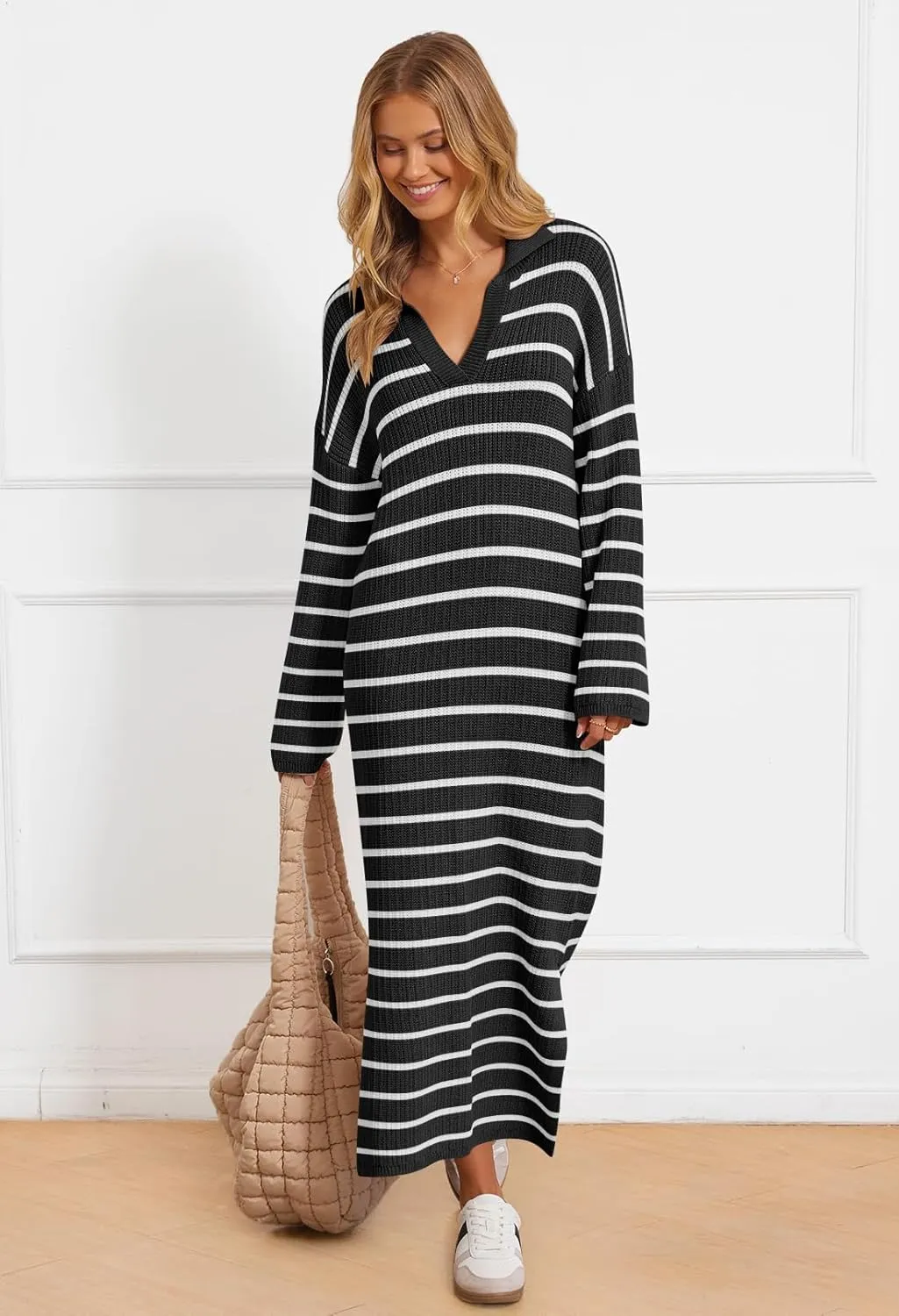 MEROKEETY Women's 2024 Long Sleeve Striped Sweater Dress V Neck Collared Slit Casual Knit Maxi Dresses