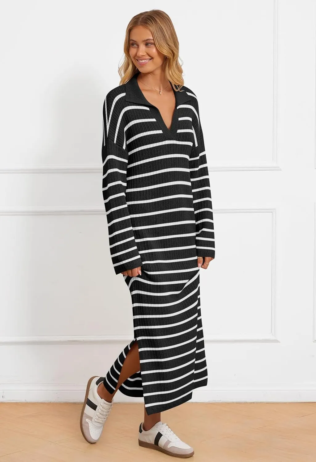 MEROKEETY Women's 2024 Long Sleeve Striped Sweater Dress V Neck Collared Slit Casual Knit Maxi Dresses