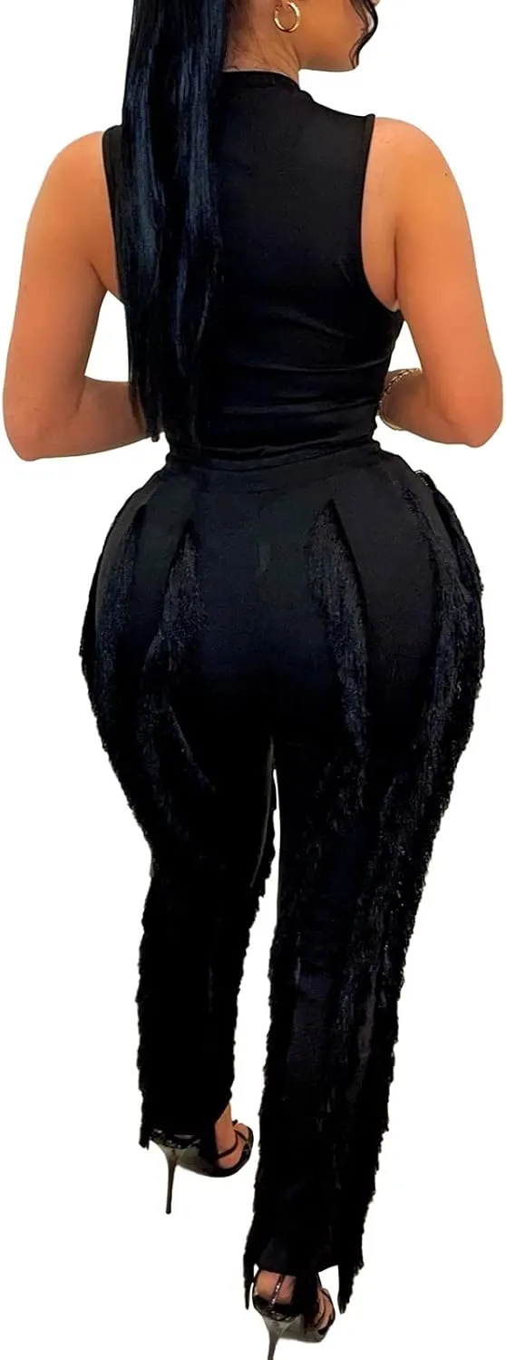 MESLIMA Workout Sets for Women 2 Piece Outfits Sleeveless Tank Top with Tassels Solid Long Pants Sweatsuit