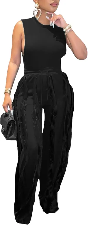 MESLIMA Workout Sets for Women 2 Piece Outfits Sleeveless Tank Top with Tassels Solid Long Pants Sweatsuit