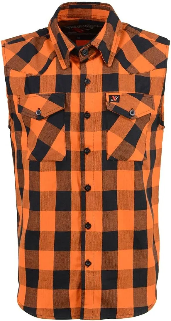 Milwaukee Leather MPM1655 Mens Classic Black and Orange Button-Down Flannel Cut Off Sleeveless Casual Shirt