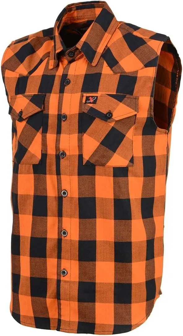 Milwaukee Leather MPM1655 Mens Classic Black and Orange Button-Down Flannel Cut Off Sleeveless Casual Shirt