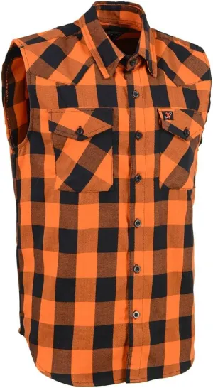 Milwaukee Leather MPM1655 Mens Classic Black and Orange Button-Down Flannel Cut Off Sleeveless Casual Shirt