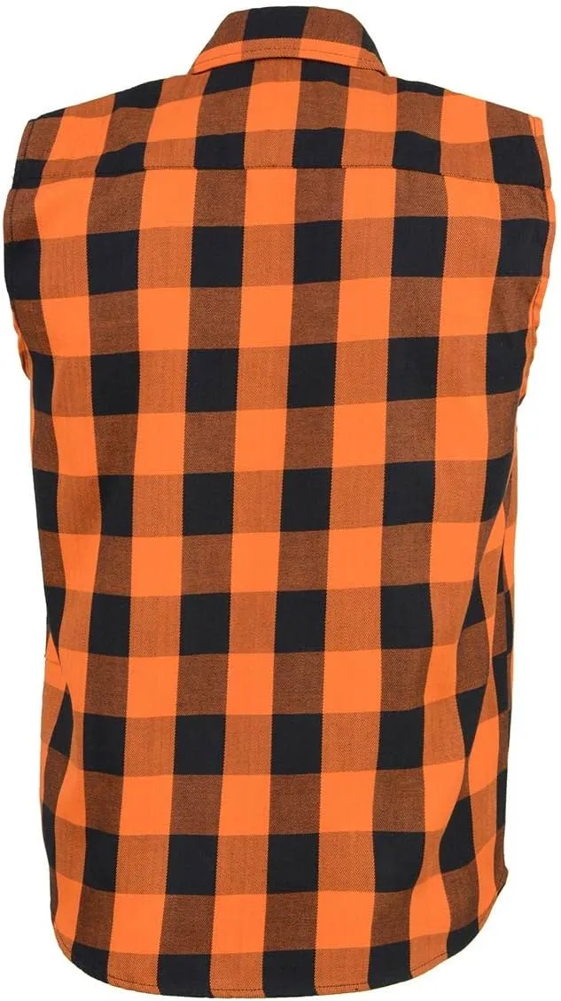 Milwaukee Leather MPM1655 Mens Classic Black and Orange Button-Down Flannel Cut Off Sleeveless Casual Shirt
