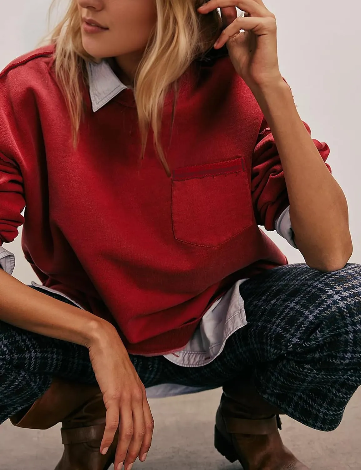 MISSACTIVER Women Oversized Sweatshirts Exposed Seam Pullover Sweatshirt Crewneck Pullover Tops Streetwear with Pocket