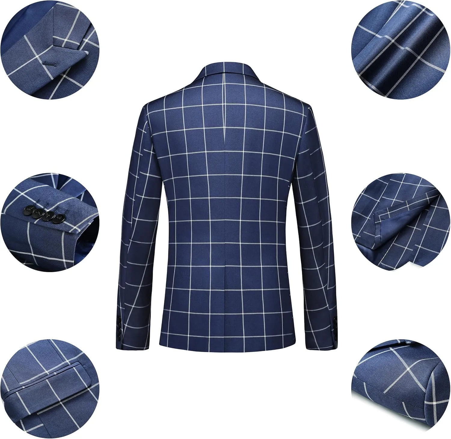 MOGU Mens 3 Piece Slim Fit Plaid Suit Blazer Jacket Vest Pants