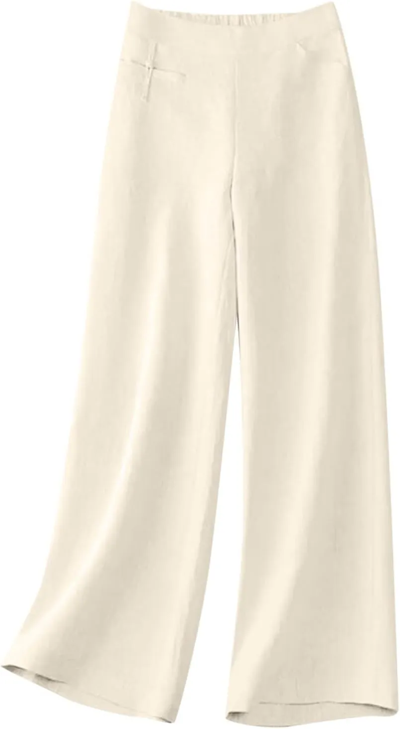 NATHGAM Linen Pants for Women Summer, Elastic High Waisted Straight Trousers Loose Sweat Wide Leg Pants Casual Beach Pants