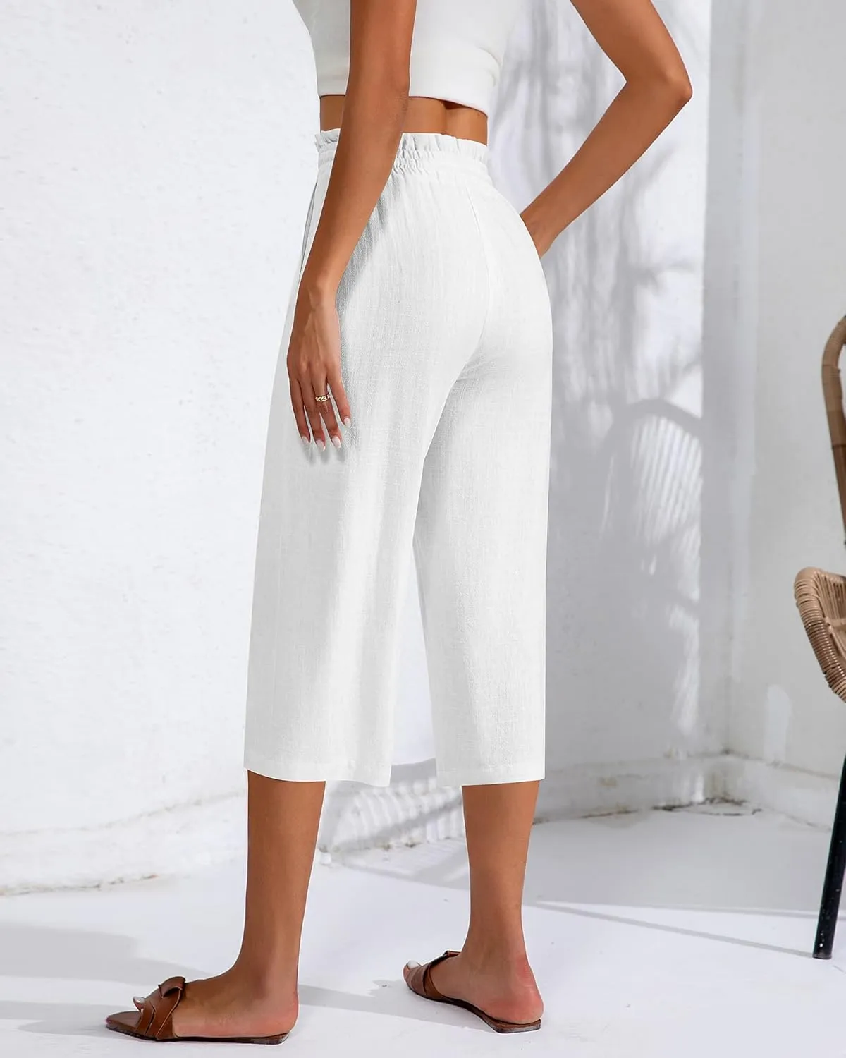Neer 2 Pcs Women's Linen Wide Leg Capri Pants Beach High Waisted Drawstring Casual Loose Capris Pants with Pockets