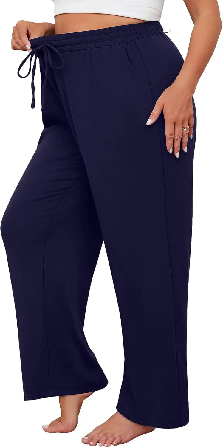 Neer 3 Pack Women's Plus Size Sweatpants Wide Leg High Waist Drawstring Yoga Lounge Joggers Open Bottom Pants with Pockets