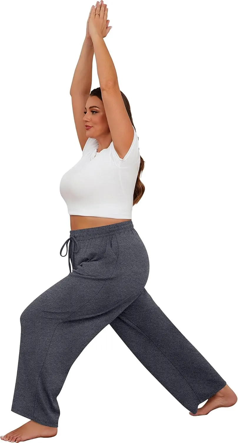 Neer 3 Pack Women's Plus Size Sweatpants Wide Leg High Waist Drawstring Yoga Lounge Joggers Open Bottom Pants with Pockets