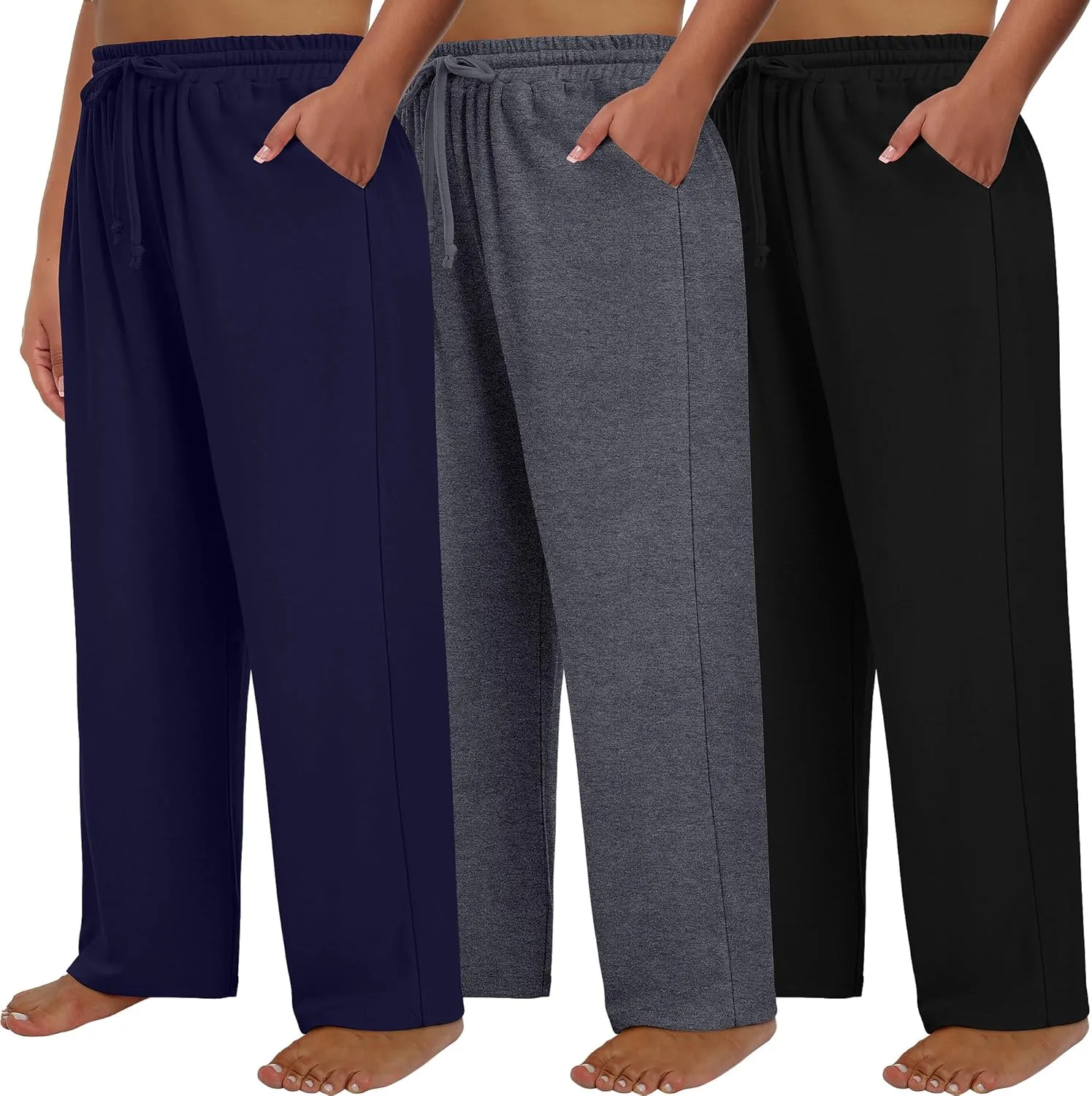 Neer 3 Pack Women's Plus Size Sweatpants Wide Leg High Waist Drawstring Yoga Lounge Joggers Open Bottom Pants with Pockets