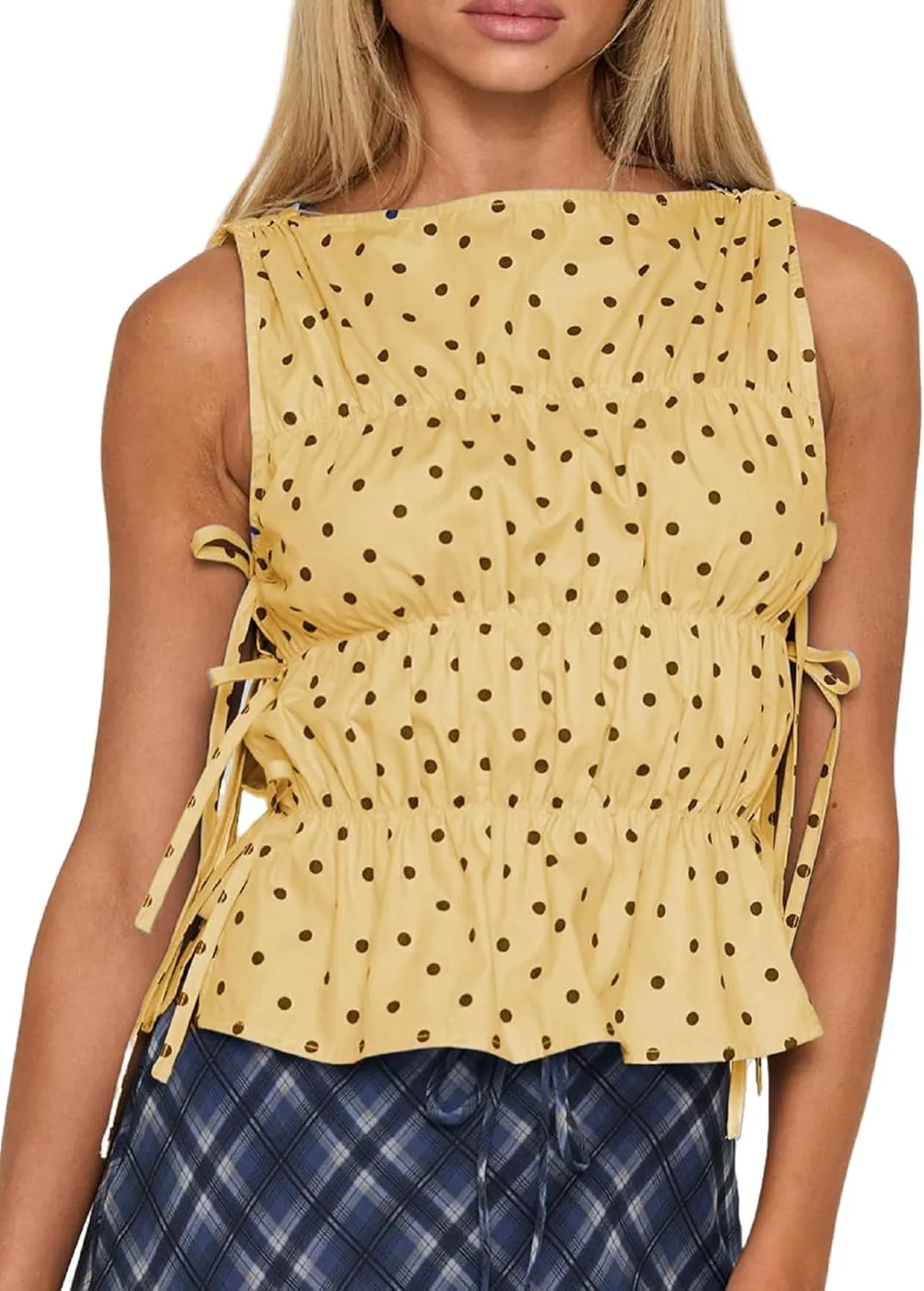 NUFIWI Women Cute Polka Dot Tank Top Boat Neck Smocked Going Out Y2k Tops Slim Fit Sleeveless Summer Shirts Streetwear