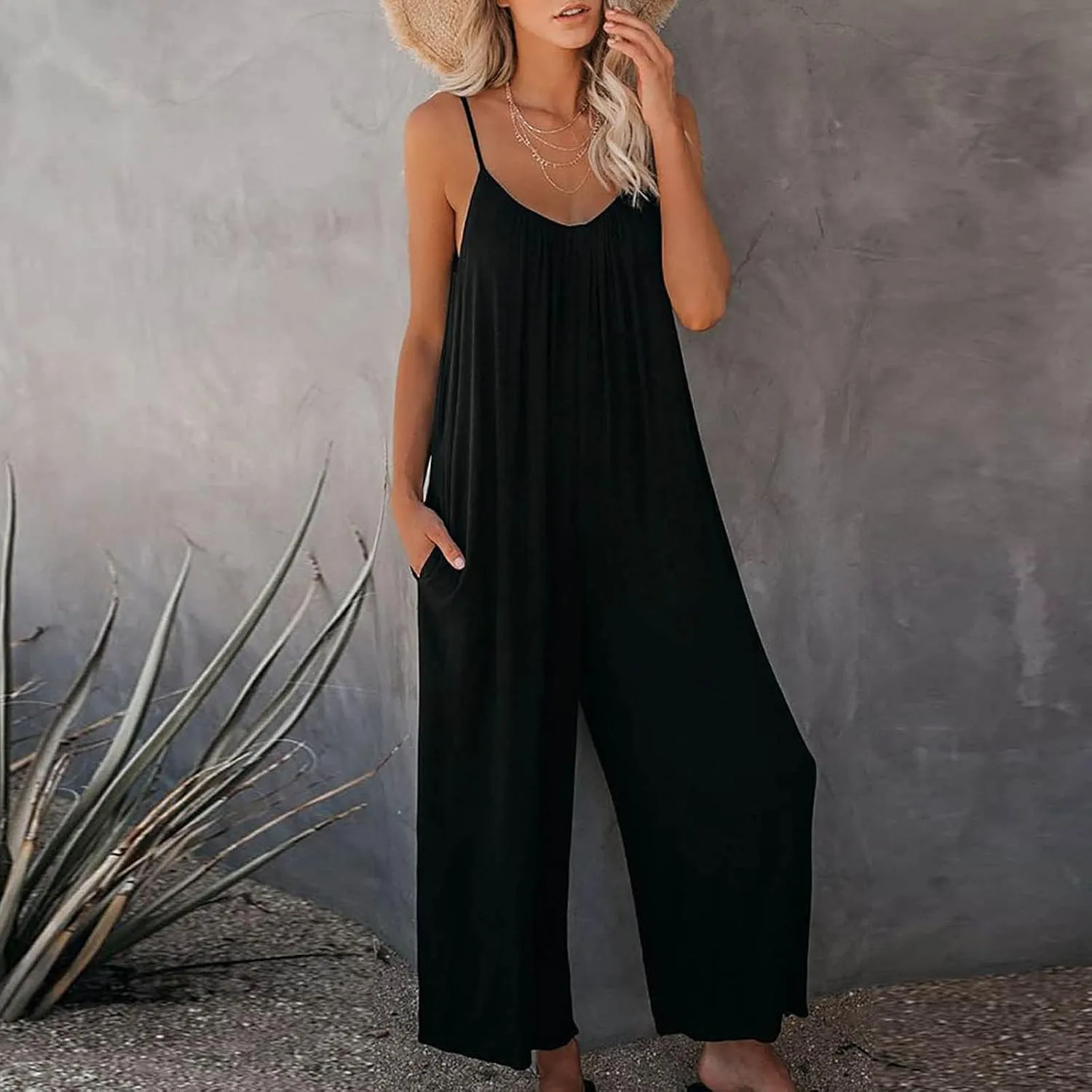 oiangi Jumpsuits for Women Loose Sleeveless Romper Adjustable Spaghetti Strap Stretchy Comfy Long Pant Jumpsuit with Pockets