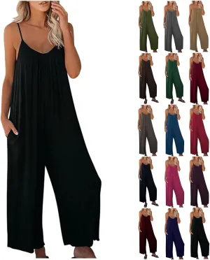 oiangi Jumpsuits for Women Loose Sleeveless Romper Adjustable Spaghetti Strap Stretchy Comfy Long Pant Jumpsuit with Pockets