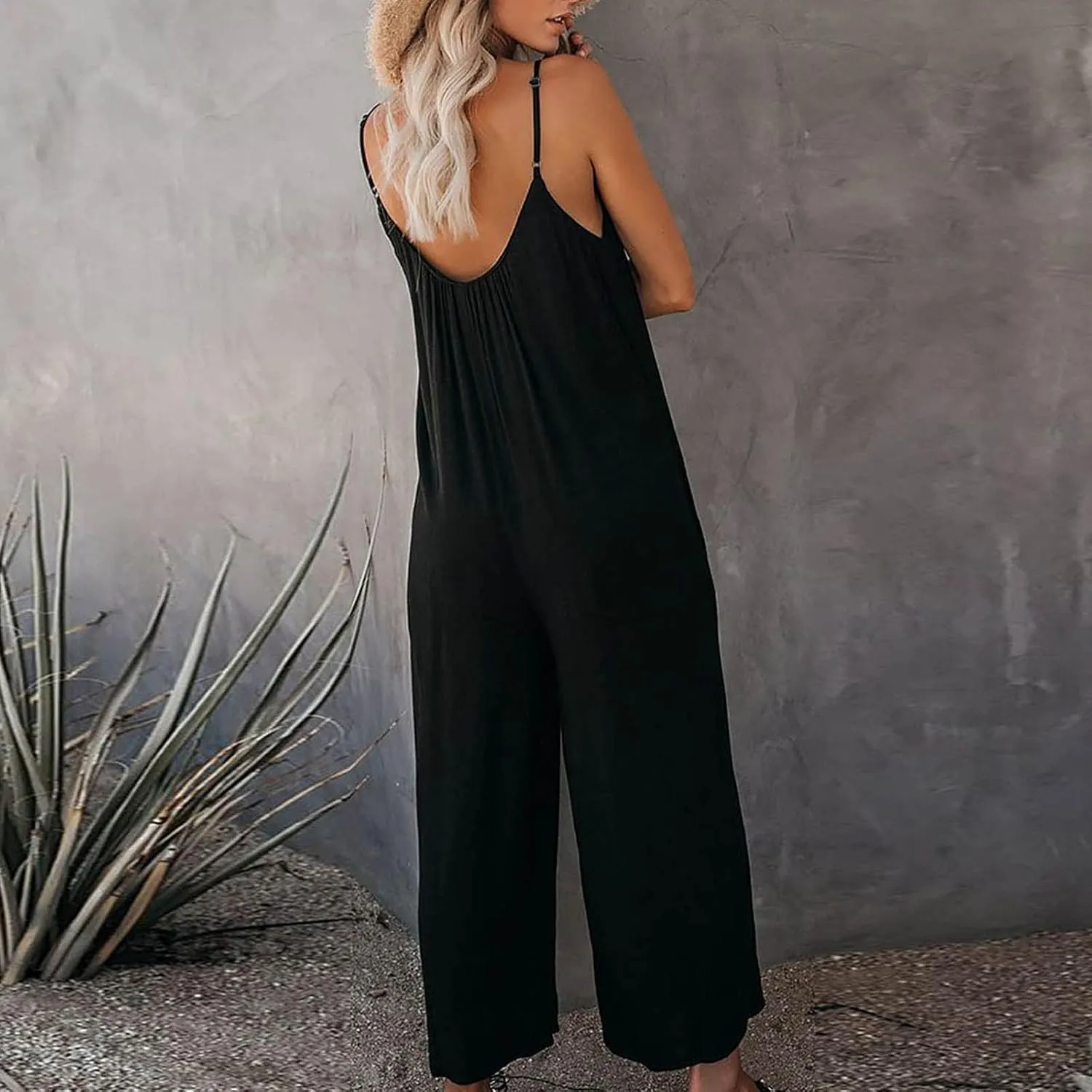 oiangi Jumpsuits for Women Loose Sleeveless Romper Adjustable Spaghetti Strap Stretchy Comfy Long Pant Jumpsuit with Pockets