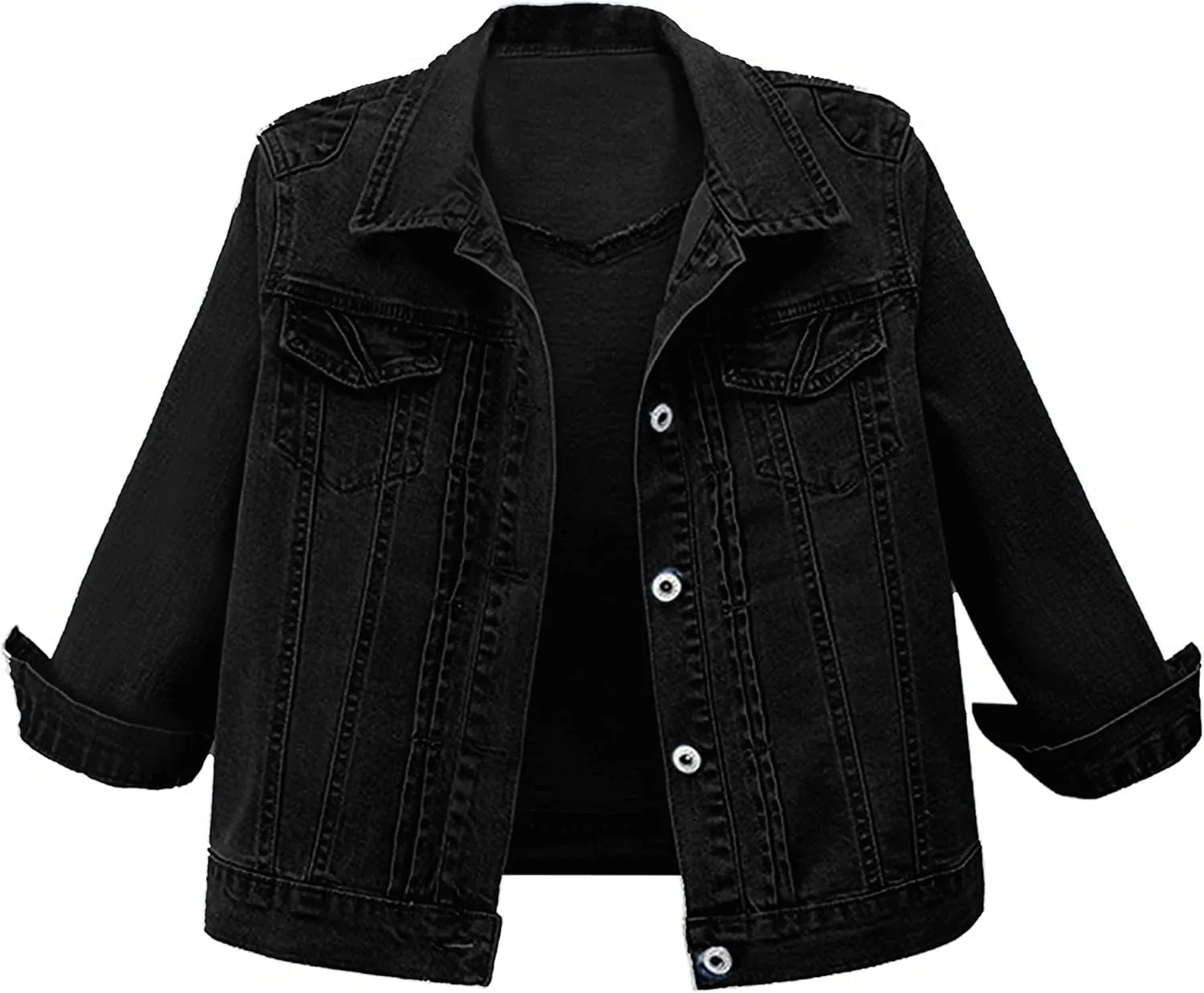 Omoone Women's 3/4 Sleeve Cropped Stretch Slim Denim Trucker Jacket Jean Coats Tops