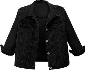 Omoone Women's 3/4 Sleeve Cropped Stretch Slim Denim Trucker Jacket Jean Coats Tops