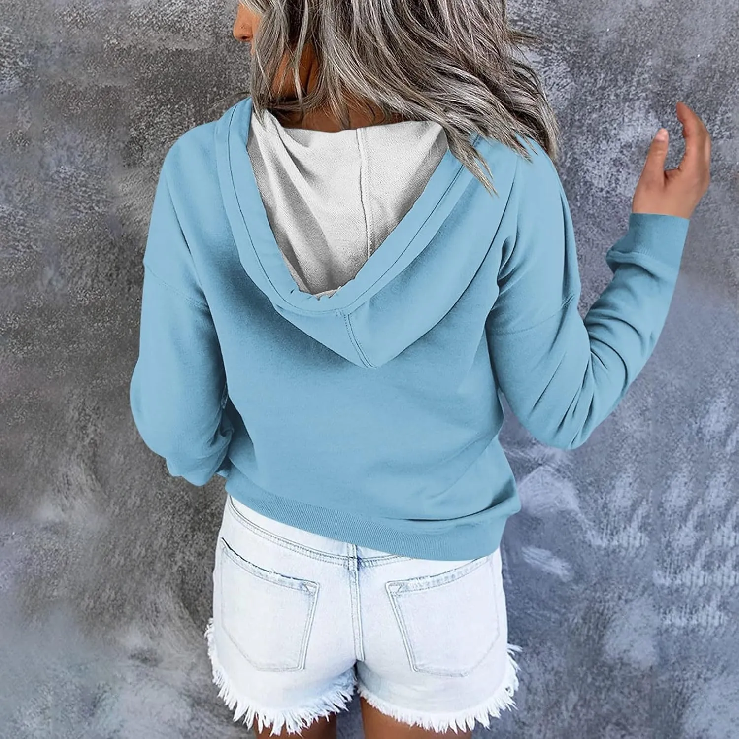 Oversized Hoodies for Women Button Down Drop Shoulder Drawstring Sweatshirt Ribbed Long Sleeve Tops with Pockets
