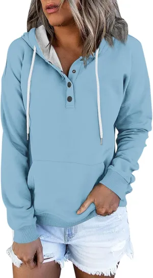 Oversized Hoodies for Women Button Down Drop Shoulder Drawstring Sweatshirt Ribbed Long Sleeve Tops with Pockets