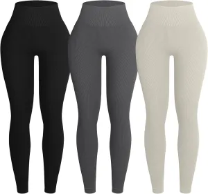 OVESPORT 3 Piece Ribbed Seamless Leggings for Women High Waist Workout Gym Athletic Yoga Pants