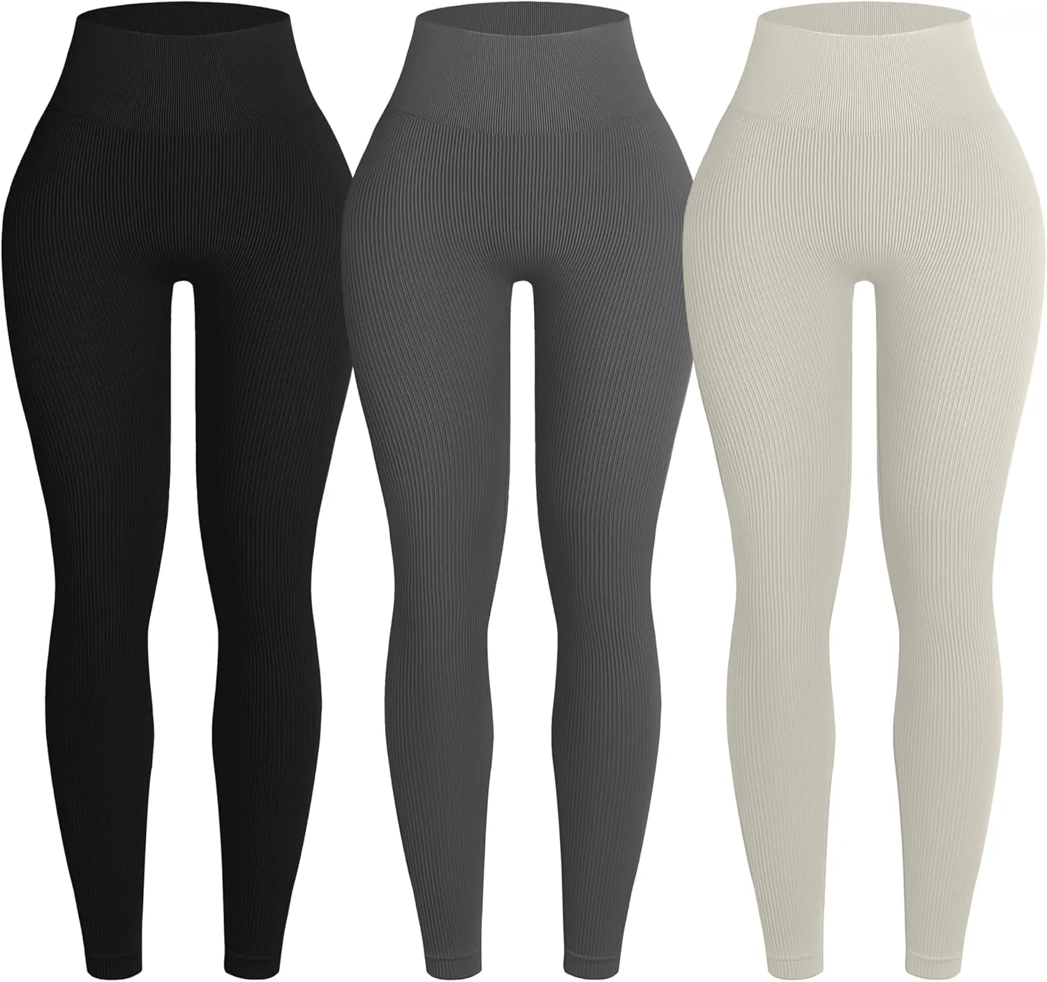 OVESPORT 3 Piece Ribbed Seamless Leggings for Women High Waist Workout Gym Athletic Yoga Pants