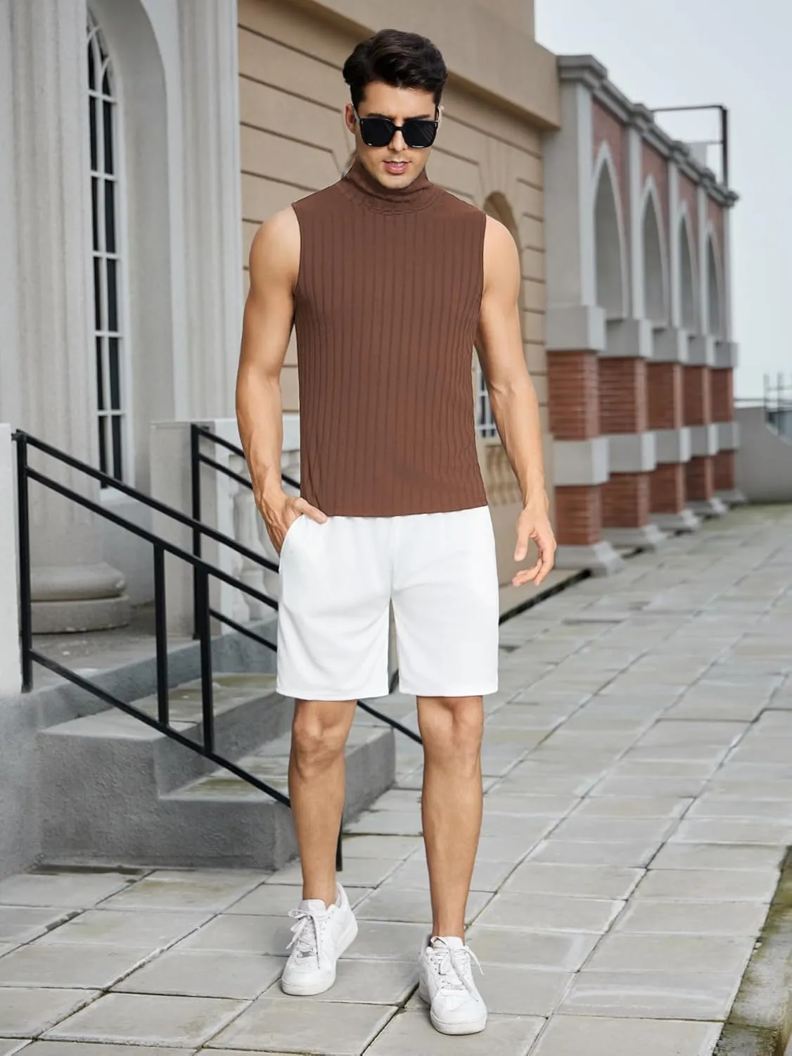 OYOANGLE Men's Casual Turtleneck Sleeveless Ribbed Knit Slim Fit Vest Tank Top
