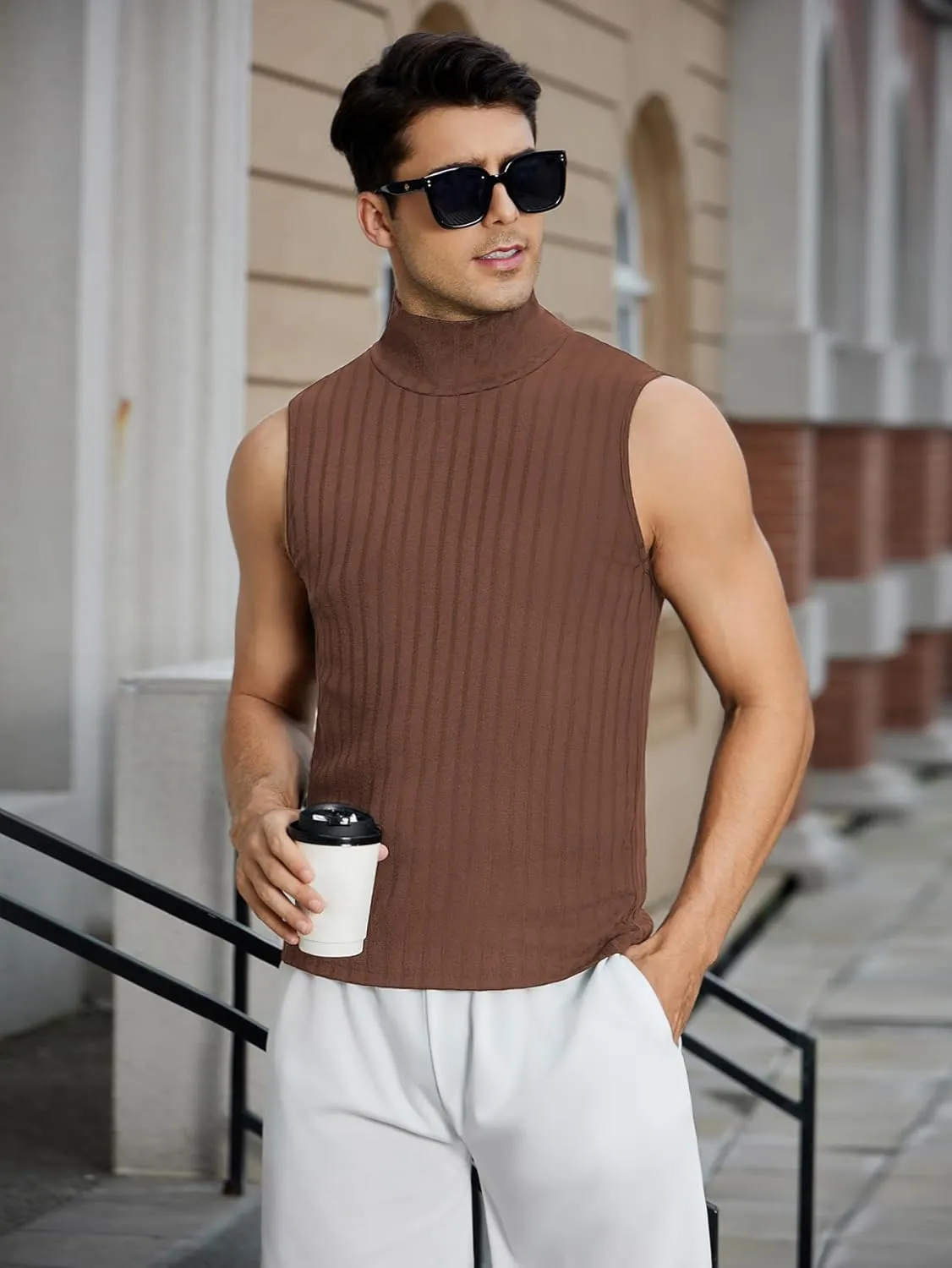 OYOANGLE Men's Casual Turtleneck Sleeveless Ribbed Knit Slim Fit Vest Tank Top