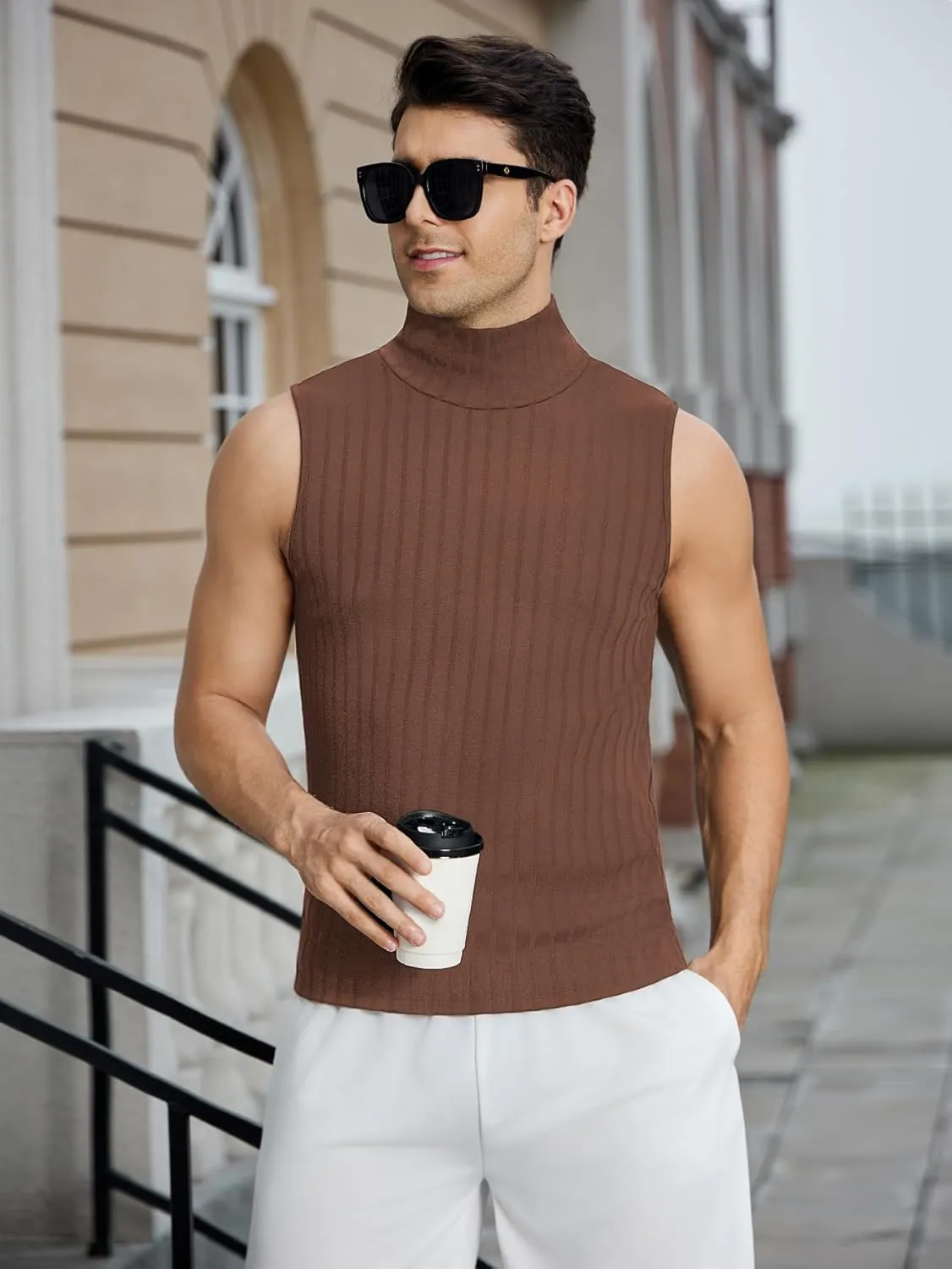 OYOANGLE Men's Casual Turtleneck Sleeveless Ribbed Knit Slim Fit Vest Tank Top